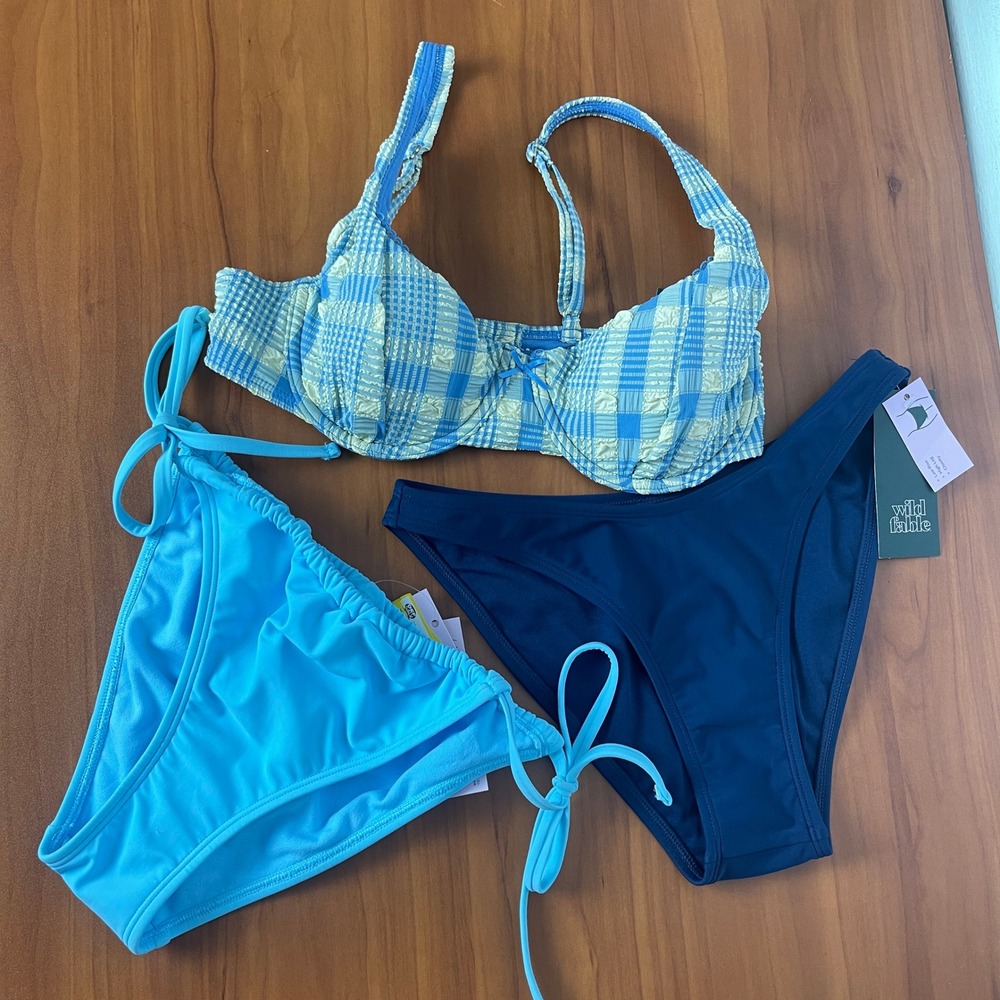 Wild Fable‎ Womens Blue Plaid Underwire Bikini Top and 2 Bottoms Set BluesXS